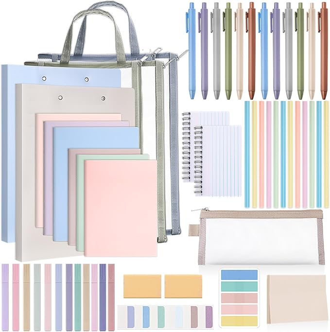 Colarr 54 Pcs Cute Notebook Stationery Set for Women, Bible Study Supplies, 6 Lined Notebooks, 36 Pens, Sticky Notes & Tabs, Bags & Folders for Work Journal Study College Office Supply(Morandi)