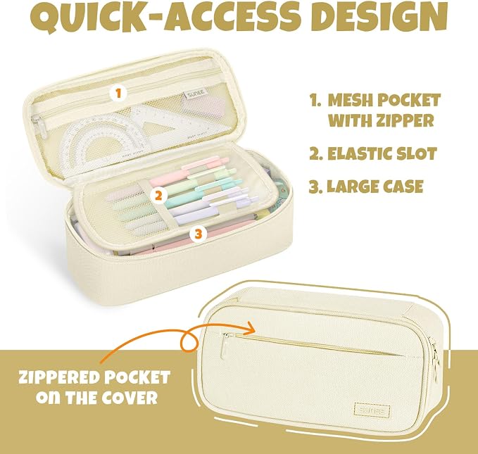 SUNEE Cute Pencil Case, Large Capacity Pencil Pouch, Big Storage Organizer for Stationery, Zipper Pen Bag, Back to School Supplies, Office Organizer Makeup Bag, for Teen Girl Boy Men Women, Beige
