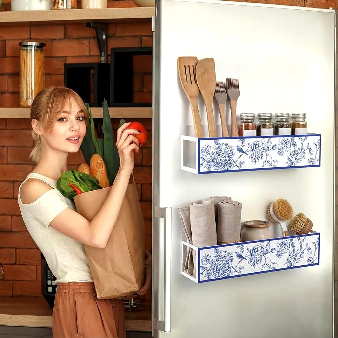Beeveer 2 Pack Blue White Floral Magnetic Spice Rack for Refrigerator Chinoiserie Metal Fridge Magnet Shelf Basket Seasoning Storage Organizers Coastal Farmhouse Kitchen Decor and Accessories