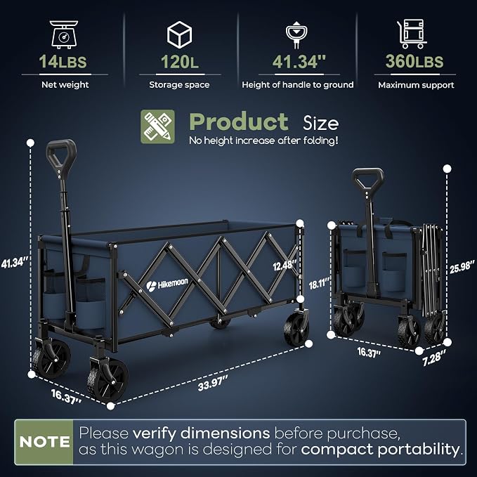 Hikemoon 34'' Extra Long Collapsible Wagons Carts Foldable, 360LBS Heavy Duty Folding Beach Wagon with Wheels, Portable Utility Outdoor Cart for Grocery, Garden, Sports, Camping, Blue