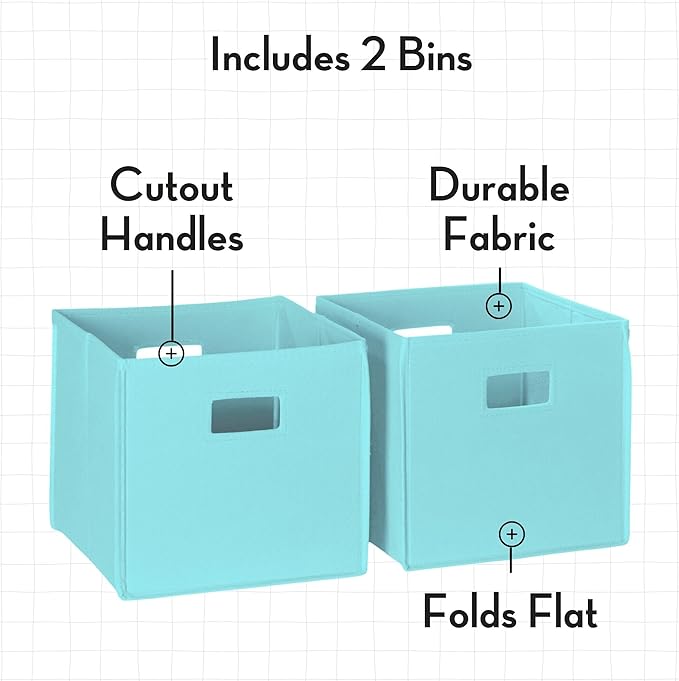 RiverRidge Folding Storage Bins - 2-pack of 10in Tall Aqua Cubes | Fabric Bins, Set of 2 Storage Cubes, Cut-out Handles, Playroom Closet Organizer, Collapsible Cubby with Bottom Board Insert