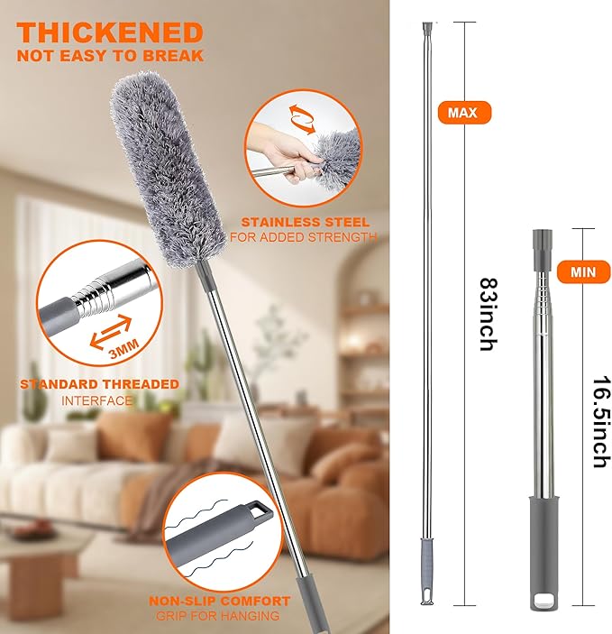 Professional Microfibre Dusters for Cleaning | Duster with Extension 100" | Cobweb Remover Duster Kit with 4 Washable Heads | Bendable Feather Duster for High Ceilings,Fans & Hard-to-Reach Areas,9PCS