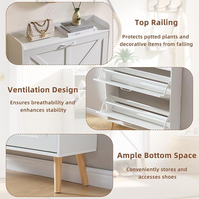 LEYAOYAO Shoe Cabinet Storage for Entryway with 2 Flip Drawers Rack Narrow Organizer Slim Hidden Wood Shoe Cabinet Furniture White