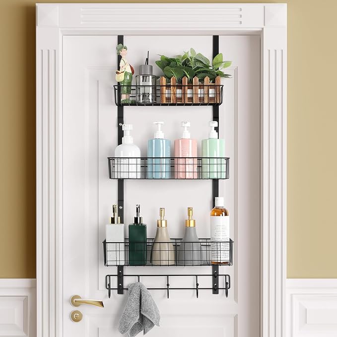 ETELI Over the Door Pantry Organizer 3 Tier Hanging Basket Back Door Storage Rack Shelf Metal Over the Door Shelves with 3 Baskets and 5 Hooks for Bathroom Kitchen Pantry Bedroom, Black
