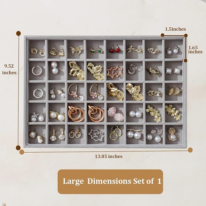 Large Jewelry Organizer for Drawer Insert Velvet Stackable Jewelry Trays for Earring Necklace Bracelet Ring Display (Gray, 40 Grids)