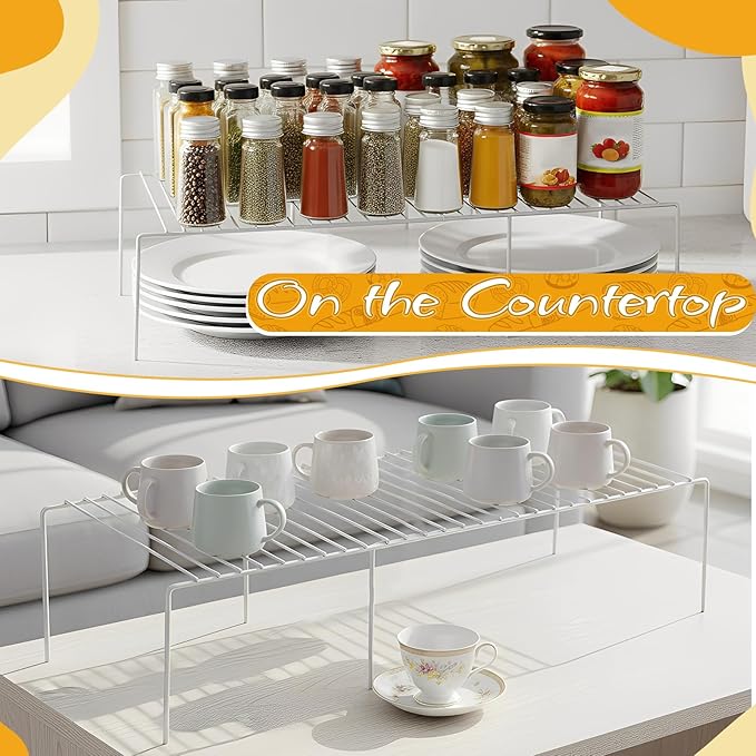 Kitchen Cabinet Expandable Shelf Organizers Set of 2, Adjustable Metal Wire Pantry Storage Shelves Rustproof Cupboard Spice Shelf Rack for Cupboard Countertop Pantry Drawer Utensils