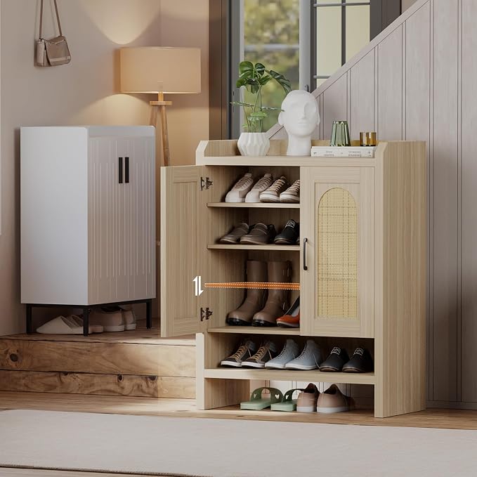Mericonia 6-Tier Shoe Cabinet Storage for Entryway, Rattan Shoes Organizer Cabinets with Doors, Wooden Shoe Rack, Farmhouse Boho Wood Storage Cabinet (Oak, 6-Tier)