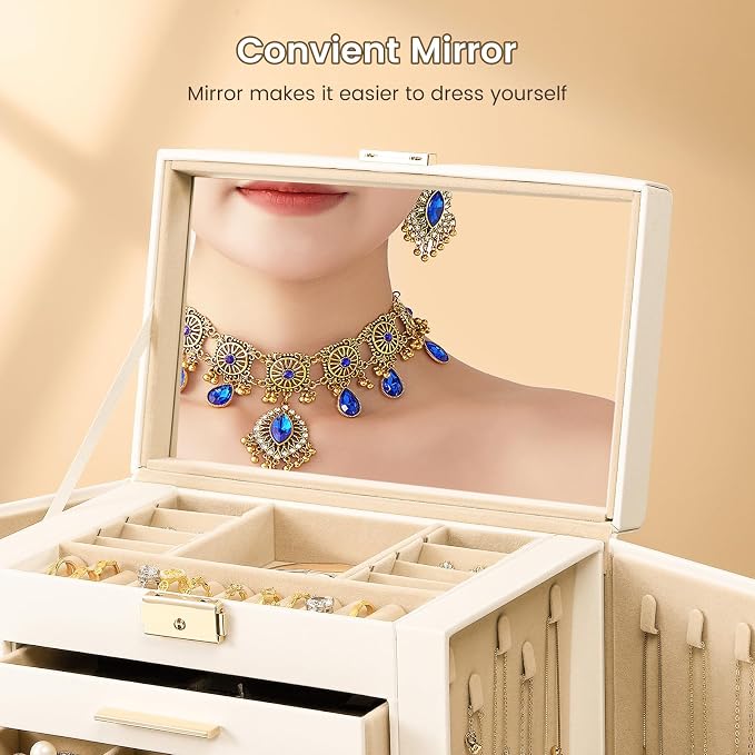 Synthetic Leather Huge Jewelry Box Mirrored Watch Organizer Necklace Ring Earring Storage Lockable Gift Case (White)