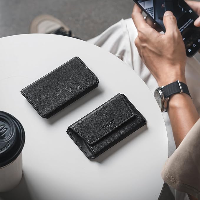 VULKIT Leather Business Card Holder Case for Men Slim Pocket Business Card Wallet Name Card Case Holder, Holds 20 Business Cards Black