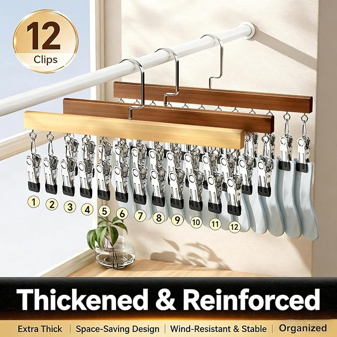 Closet Organizer with 12 Clips, Space Saving Hanging Closet Storage for Hats, Scarves, Jeans, Skirts, Socks, Pants, Multi-Purpose Clip Hanger(Vintage TypeA)