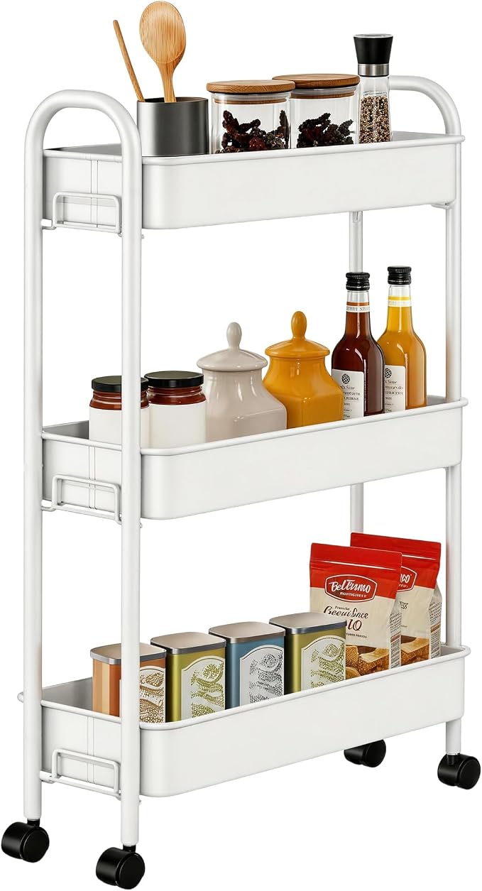 Slim Rolling Cart, Metal Frame Utility Rolling 3-Tier Narrow Storage Cart with Handle Kitchen Storage Organizer, Mobile Shelving Unit for Bathroom Kitchen