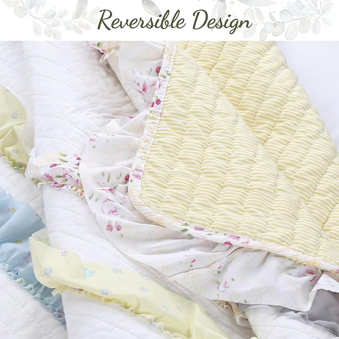 Cozy Line Home Fashions Light Yellow Blue Ruffle Stripe Floral 100% Cotton Reversible Girl Quilt Bedding Set, Reversible Coverlet Bedspread for All Season (California Dreaming, Twin-2 Piece)