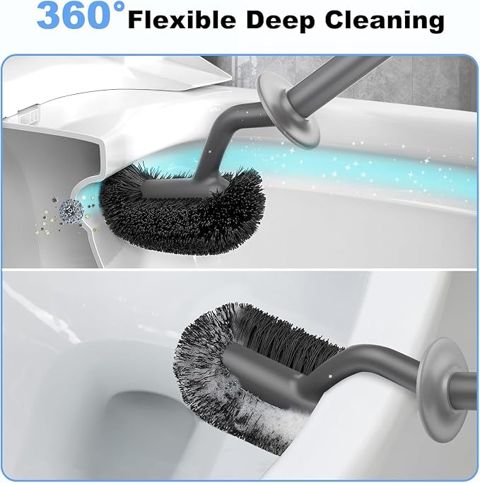 HAMITOR Toilet Bowl Brush Holder Set: Curved Design with Holder for Deep Cleaning Under Rim - Compact Hidden Cleaner Scrubber for Small Space - Home RV Bathroom Accessories - Gray 2 Pack