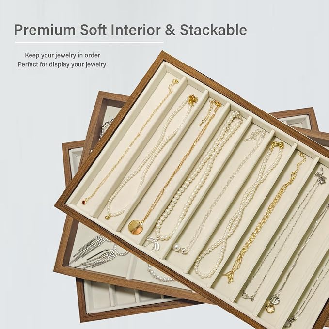 Large Jewelry Trays for Drawers Stackable Velvet Jewelry Display for Vendors Jewelry Drawer Organizer Inserts for Rings Necklace Bracelets Earrings and Studs Earrings (Beige, 12 Grid)