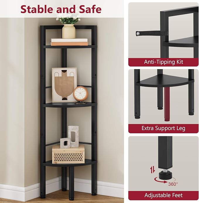 Tajsoon Small Corner Shelf Stand 3 Tier 39.6" Industrial Corner Ladder Shelves, Corner Display Shelf for Bedroom, Living Room, Office, Kitchen, Black