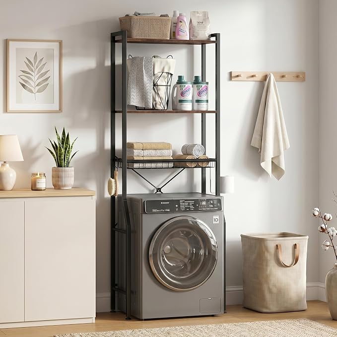 DUMOS Over-The-Toilet Storage Rack, 4-Tier Bathroom Organizer with Basket | Freestanding Above Toilet Storage Cabinet with Adjustable Shelf, Space Saver Bathroom Cabinet with 3 Hooks for Rooms, Brown