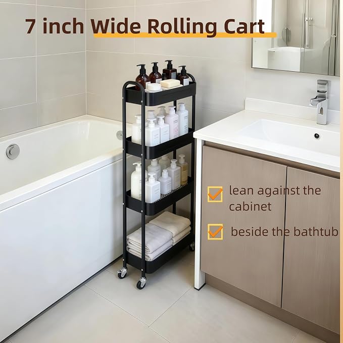 4 Tier Slim Storage Cart with Wheels for Laundry Room Between Washer and Dryer, 7.1'' Narrow Rolling Cart with Wheels and Lockable Casters, Metal Thin Standing Shelf for Small Space, Black
