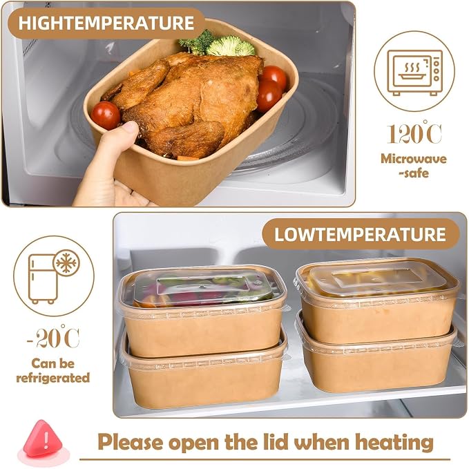 50 Pack Disposable Meal Prep Containers, 29oz Disposable Large Paper Bowls with Lids and Forks for Salad, Noodles, Freezer and Microwavable Storage Use Cardboard Food Containers