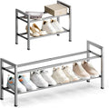 Bumusty 2 Tier Expandable Shoe Rack for Closet, 18“-33” Adjustable Shoe Rack for Small Space, Small Shoe Organizer for Front Door, Sturdy Metal, Light Grey