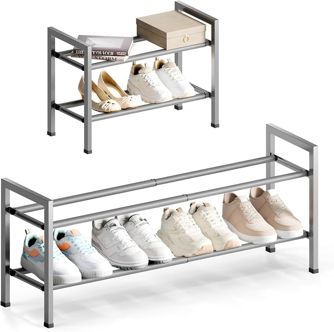 Bumusty 2 Tier Expandable Shoe Rack for Closet, 18“-33” Adjustable Shoe Rack for Small Space, Small Shoe Organizer for Front Door, Sturdy Metal, Light Grey