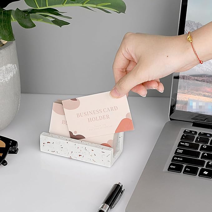 Hipiwe Business Card Holder for Desk Terrazzo Business Card Display Stand | Desktop Cards Display Stand for Women Men Concrete Business Card Stand Organizer for Office