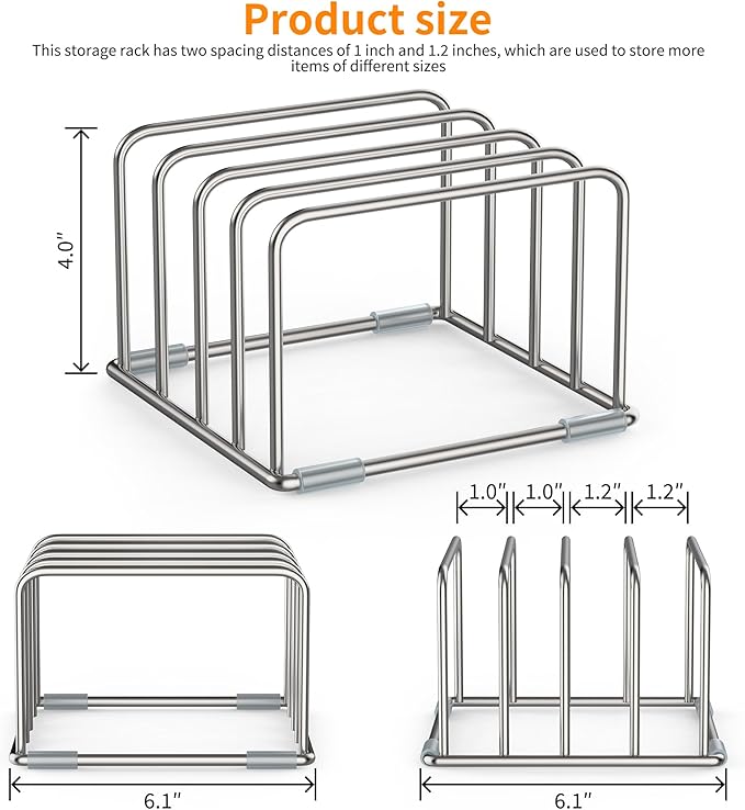 Cutting Board Holder Stand, Chopping Board Organizer Rack with 304 Stainless Steel, Cookie Sheet Storage Organizer, 1.0 & 1.2 Inch Wide Slots (1 Pack)