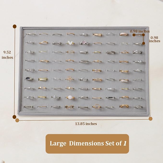 Large Jewelry Organizer for Drawer Insert Velvet Stackable Jewelry Trays for Earring Necklace Bracelet Ring Display (Gray, Ring 81 Slots)
