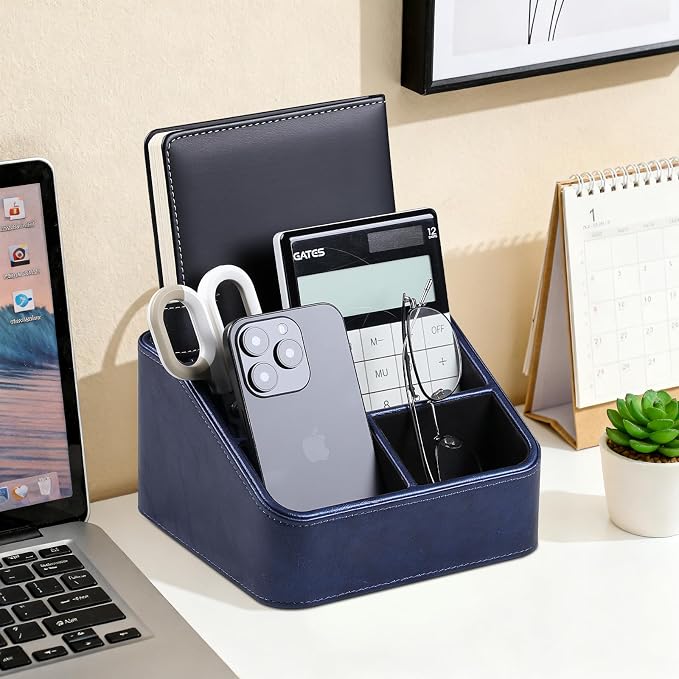PU Leather Remote Control Holder, Nightstand Organizer with 4 Compartments | Luxury Desk Caddy with Velvet Lining, Small Desk Organizer for Living Room, Bedroom, Bedside, End Table, 6.8" x 6.7" x 4"