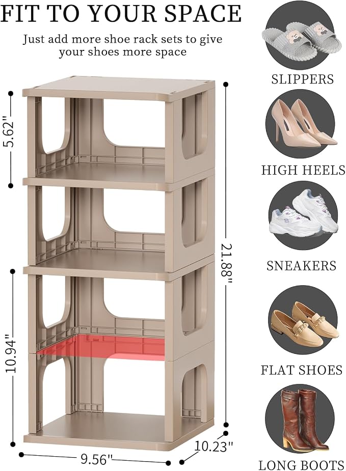HAIXIN Narrow Shoe Rack - 5-Tier Stackable Shoe Storage Stand | Fits Small Space, Entryway, Hallway, Closet, No-Tool Assembly, Remove Shelf for Boots, Stackable Expandable, Small Shoe Size
