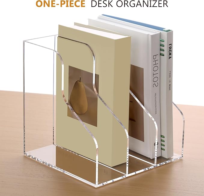 SANRUI Acrylic File Organizer, Clear Magazine File Holder with 3 Vertical Compartments, Desk Organizer for Home School Office Organization, Desk Bookshelf