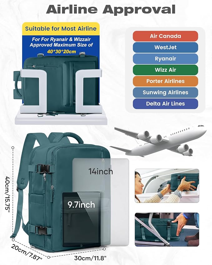 Travel Backpack Women,Carry On Backpack Flight Approved 18x14x8 inches Bag Spirit Airlines Personal ltem,College Sports Hiking Rucksack Waterproof Outdoor Casual Daypack Laptop Blackpack,Peacock Blue