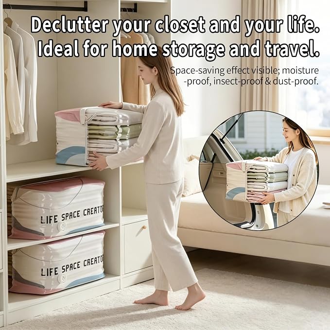 No-Pump Vacuum Storage Bags, Upgrade Large Compression Storage Bags, 3D Standing Upright Design, Pump-Free Press & Seal for Clothes, Comforters, Blankets, Bedding, (5Pack)