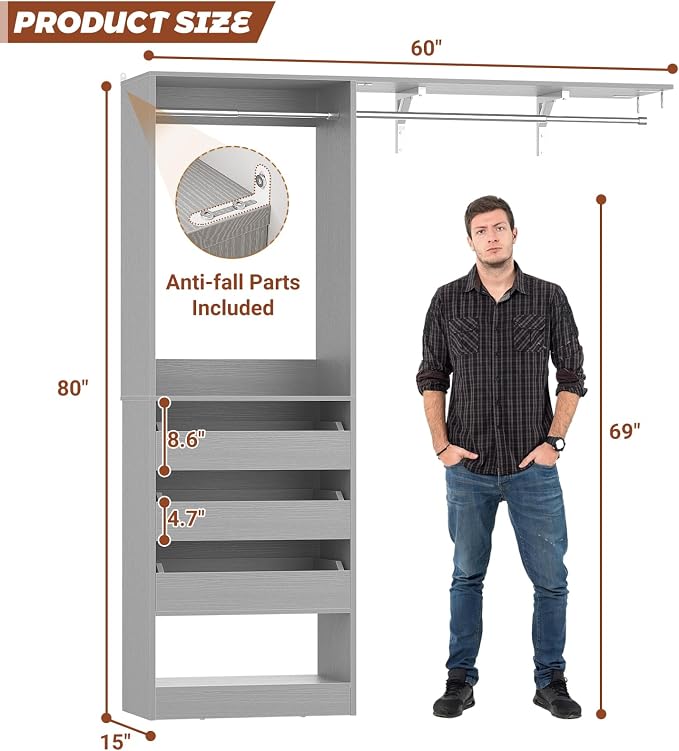 5FT Closet System with 3 Half-Open Wooden Drawers, 60'' Closet Organizer System with 2 Reversible Hanging Rods and Big Wing Shelf, 80" Tall Wall Mounted Wardrobe for Walk-in Closets, Grey