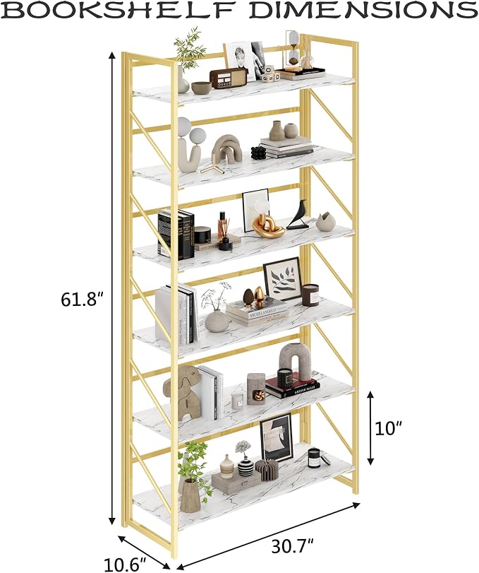 JSB 6 Tier No Assembly Folding Bookshelf, 30.7" Wide Foldable Storage Bookcase for Home Office, Space-Saving Storage Shelf for Living Room (White&Gold)