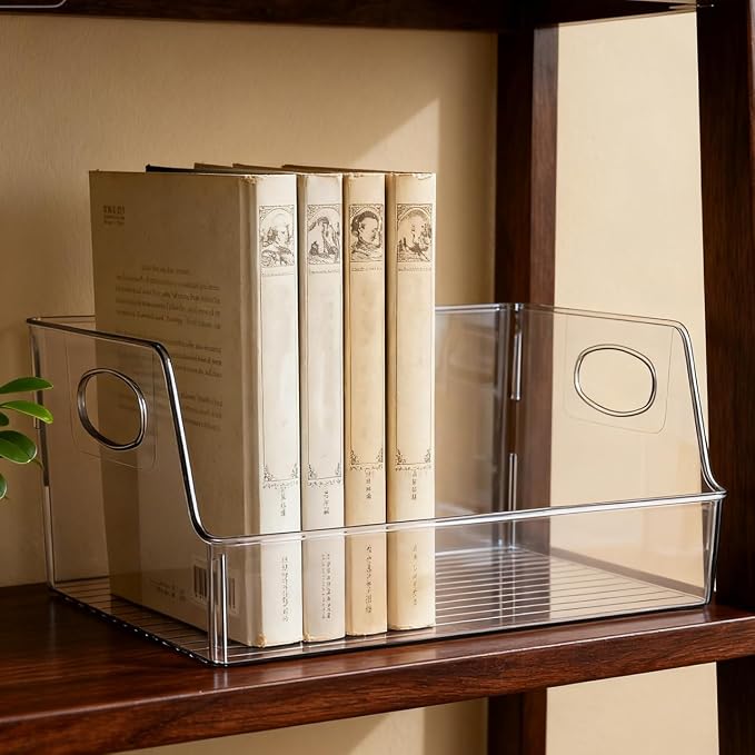 NUOBESTY Clear Storage Bins with Handle Plastic Book Organizer Basket for Classroom Library Office Home Stationery 13.4X8.5X5.9 Inch