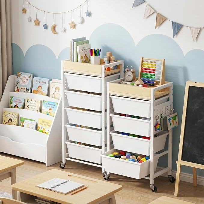 6 Tier Rolling Cart with Drawers, Plastic Drawer Storage Craft Cart with Pegboards & Hooks, Metal Utility Cart with Wheels & Wooden Tabletop, Classroom Office Art Supply Organizers and Storage, White