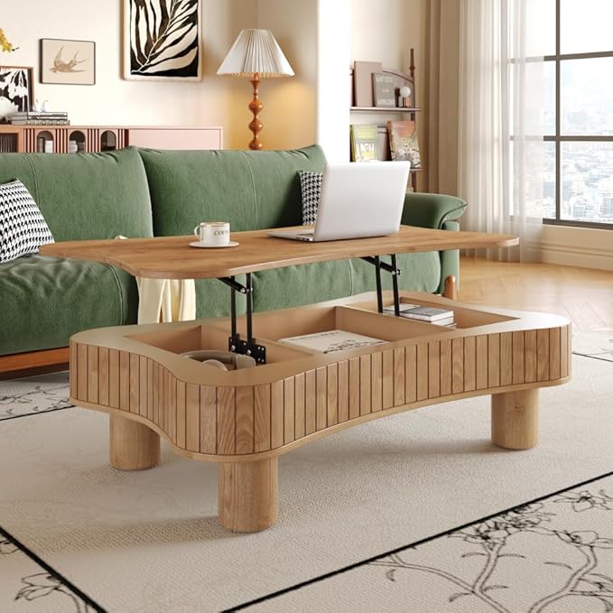 Lift Top Coffee Table with Hidden Storage Fluted Panel Silent Hydraulic Lift Curved Corners (Light Brown)