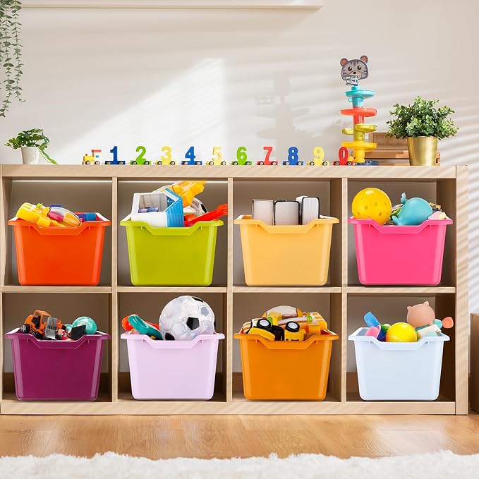 Dandat 36 Pcs Plastic Book Bins for Classroom Library Colorful Scoop Front Cubby Bins Stackable Toy Storage Containers with Handles for School Home Office Nursery Daycare (Vintage Color)