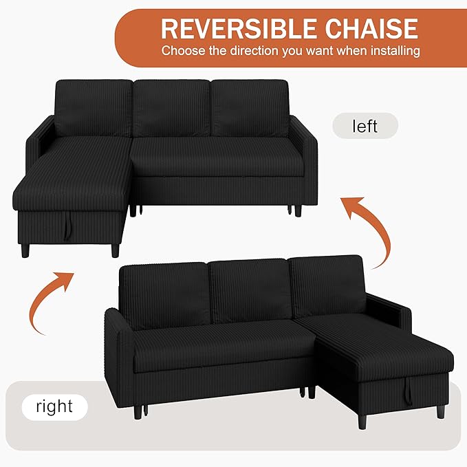 Vongrasig Pull Out Couch, 2 in 1 Small Sofa Bed Sleeper Sofa with Storage, 77" L Shaped Convertible Sofa with Storage Chaise for Living Room, Apartment, Black