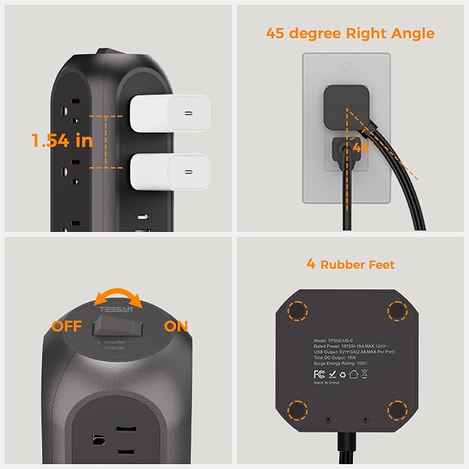 TESSAN Tower Power Strip Flat Plug with 1050J Protection, 10 Ft, Black | 11 Outlets 3 USB (1 USB C), Surge Protector Power Tower, Extension Cord with Multiple Outlets, Dorm, Office Desk Supplies