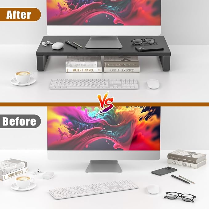 XINYAO Wood Monitor Stand Riser for Desk, 24x12x3 inch, Black | Sturdy wooden & steel computer monitor riser; ergonomic height reduces neck strain; Organizer for Office Laptop, PC, Printer