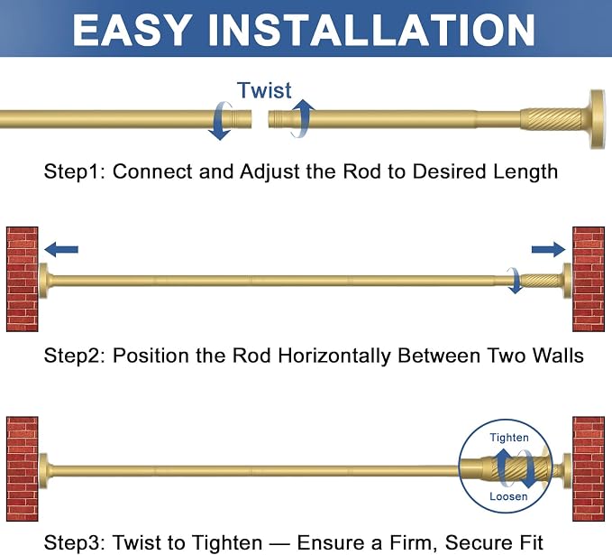 Tension Curtain Rod 32-62Inch Gold Shower Rod Tension Rod Adjustable Curtain Rods no Drilling Tension Rod for Windows,Closets,Doorway