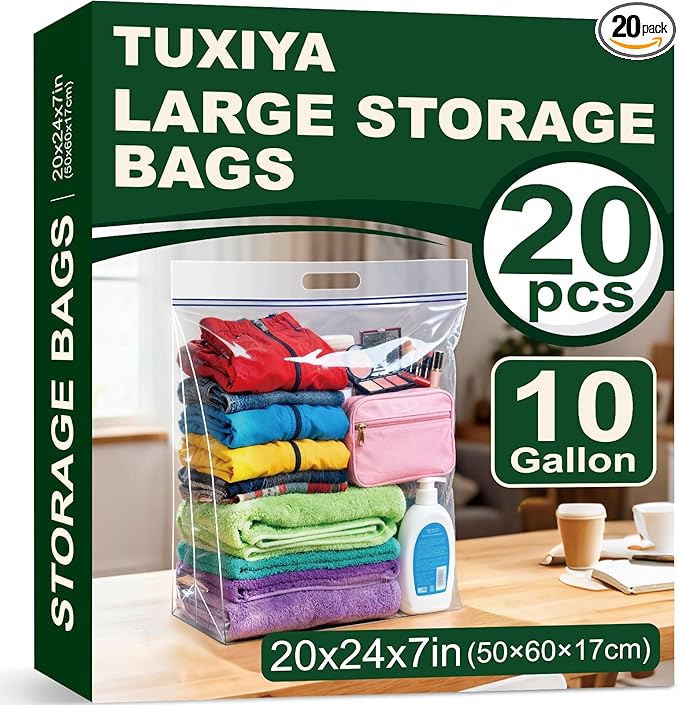 TUXIYA 20 PACK Extra Large Storage Bags, 10 Gallon 24"x20"x7", Resealable Clear Bags with Handle, XL Heavy Duty for Clothes Travel Moving, Double Zipper Seal, Expandable Bottom, Thick 8 Mils