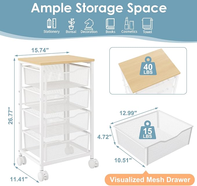 Hongtamoya Rolling Cart with Drawers, Storage Cart with Wheels Metal Rolling Drawer Cart with Lockable Wheels and Wood Tabletop Craft Storage Art Cart for Living Room Bedroom Classroom Office White