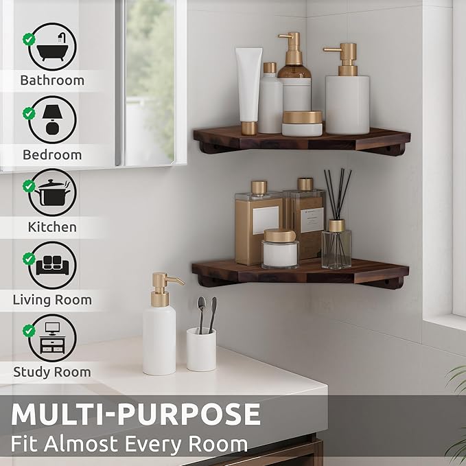 Demigo Hexagon Corner Floating Shelves, 2-Pack Acacia Wood Wall Shelf | Upgraded Wall Mounted Storage with Hidden Brackets, Modern Space-Saving Shelves for Bedroom Living Room Office Kitchen