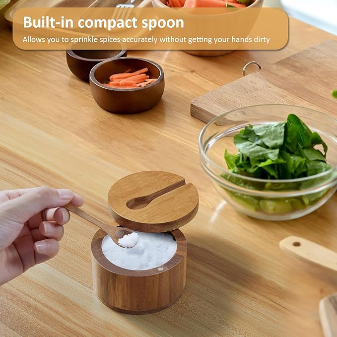 OUTNILI Salt Box Bowl with Lid and Spoon - Acacia Salt Cellar with 360° Swivel Lid - Salt Container Holder for Sea Salt Herbs or Favorite Seasonings, for Kitchen Decor and Accessories, 7 Ounces