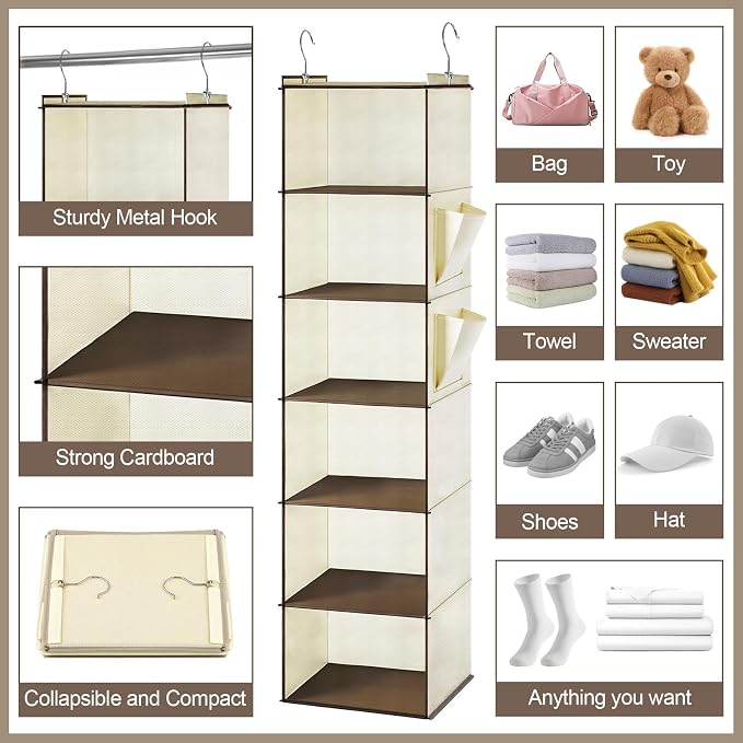 Leinuosen 6 Tier Shelf Hanging Closet Organizer Hanging Shelves for Closet with 2 Sturdy Hooks for Storage, for Dorm, 3 Pack, Foldable (Beige)