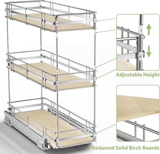ROOMTEC 3-Tier Pull Out Cabinet Organizer Spice Rack for Narrow Cabinet 8" W x 20½" D, Slide Out Wood Shelves Storage for Kitchen