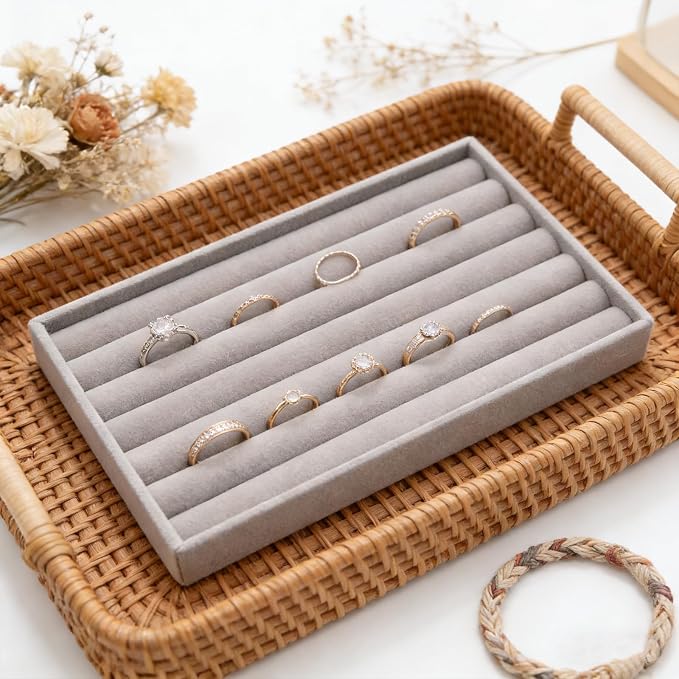 Velvet Jewelry Organizer Trays Gray Stackable Jewelry Storage Display Tray, 8 Rolls