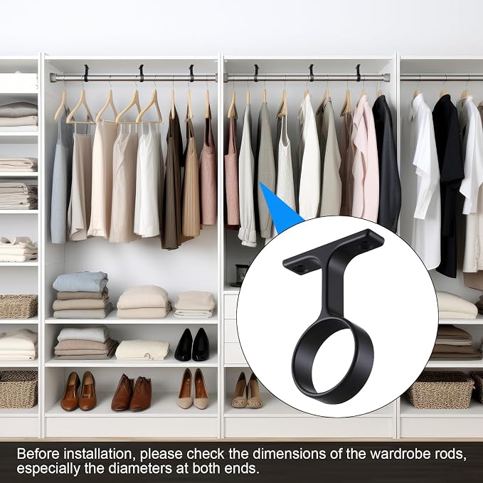 LEIFIDE 8 Pcs 1 5/16 Inch Diameter Round Wardrobe Closet Rod Suspended Center Support with Installation Screws Curtain Closet Rod Ceiling Mount Bracket for Home Wardrobe (Black)